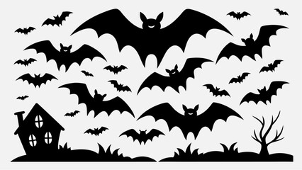 A spooky Halloween night illustration features a set of flying bat silhouettes against a moonlit sky