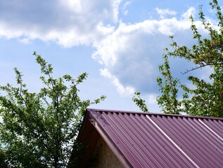 Metal rooftop and treetops against a cloudy sky.