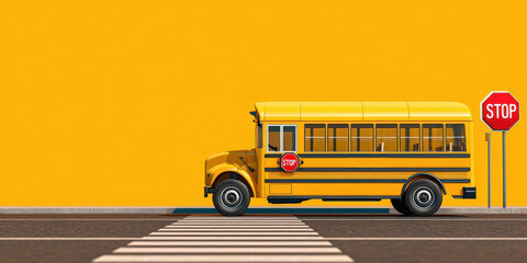 A vibrant yellow school bus is prominently displayed against a plain yellow background, with a stop sign, highlighting the vehicle as a clear symbol of education and student transportation