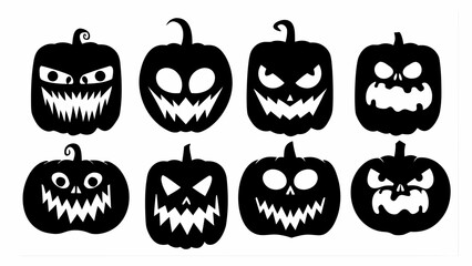 This vector set features isolated spooky Halloween pumpkin icons with carved faces, perfect for autumn holiday decorations