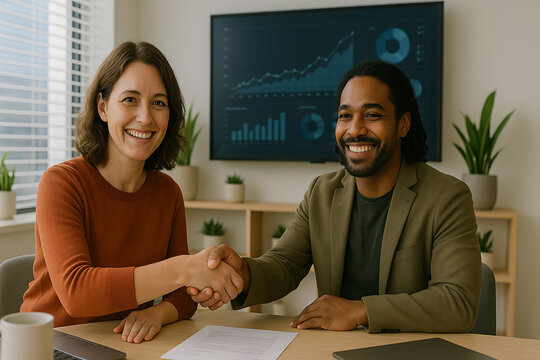 Smiling business partners shaking hands during successful meeting in modern office with graph screen
