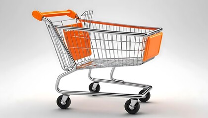 3D rendering of an empty metal shopping cart with orange plastic accents on a white background. Ideal for e-commerce, supermarket, retail, and grocery-related designs.