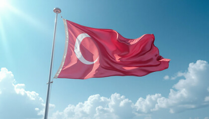 A close-up view of a flag, likely a historical or regional flag, with a vibrant red color and a white crescent moon emblem, billowing in the wind against a clear sky