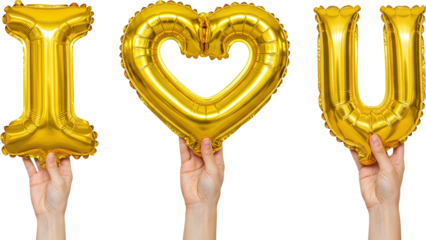 Hand holding a gold "I LOVE YOU" balloon