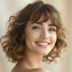 Fototapeta premium Portrait of a Smiling Blonde Woman with Loose Curls and Blue Eyes. Generative AI
