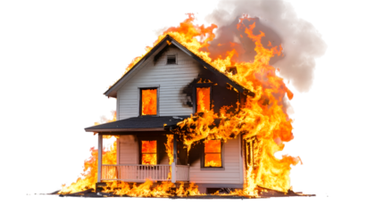 Burning Home: A house engulfed in flames, the destructive power of fire, smoke billows skyward, creating a stark, unsettling scene of property destruction.