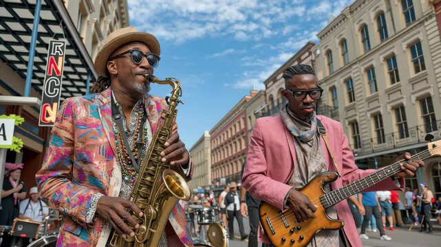 Stylish jazz band performing outdoors in city street in New Orleans, ideal for use in Vibrant Mardi Gras street parade, music festivals, and creative cultural campaigns. Jazz Appreciation Month.