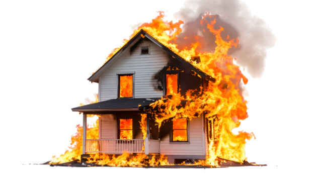 Burning Home: A house engulfed in flames, the destructive power of fire, smoke billows skyward, creating a stark, unsettling scene of property destruction.