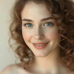Portrait of a Smiling Blonde Woman with Loose Curls and Green Eyes. Generative AI
