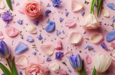 Photo of a mix of pastel flower petals scattered on an empty surface