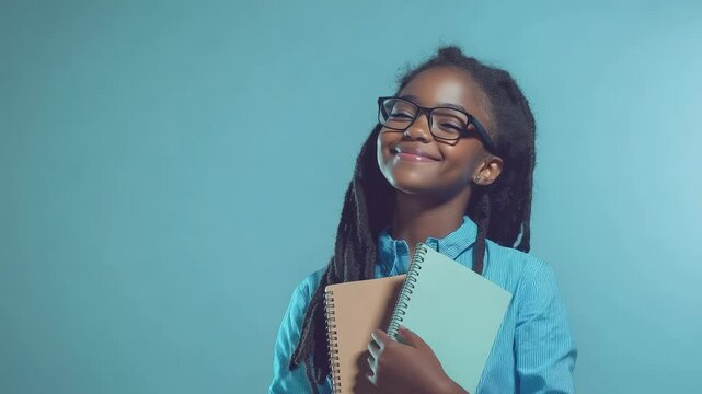 Happy young student with glasses and dreadlocks, dressed casually, holding notebooks and smiling against a vibrant teal background, radiating back to school excitement