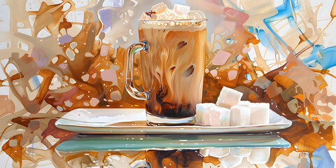 Coffee with Milk and Sugar Cubes on White Plate Against Abstract Background

