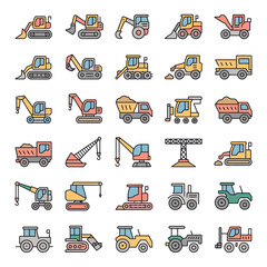 Collection of Colorful Line Art Icons Depicting Various Construction and Agricultural Vehicles Including Excavators Bulldozers Tractors Dump Trucks Cranes and Loaders