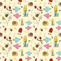 forest seamless pattern with mushrooms, bees, birds