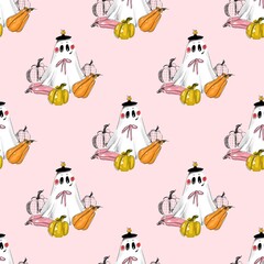 Obraz premium seamless pattern with toys ghost and pumpkins on pink background