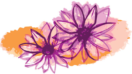 Fototapeta premium Two watercolor flowers with purple petals and orange background in a semi abstract style art