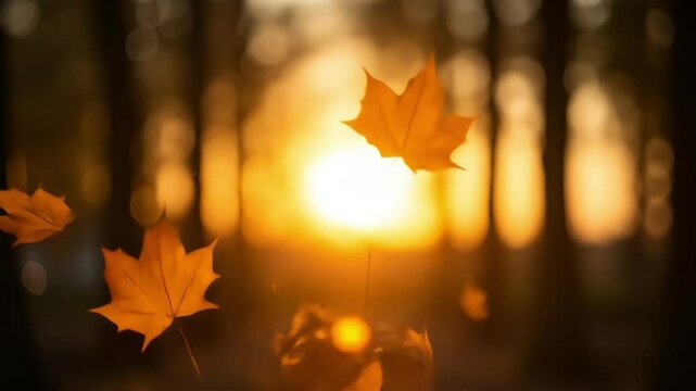Falling leaves overlay, Golden Autumn Leaves Falling at Sunset, HD footage