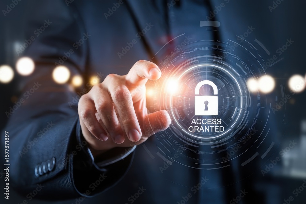 Poster cybersecurity access granted with businessman touching virtual interface