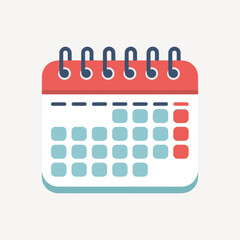 Flat design vector calendar icon with spiral binding, colorful squares, important date reminder, monthly planner illustration for schedule, agenda, event organization.