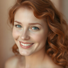 Fototapeta premium Portrait of a Smiling Reddish Blonde Woman with Loose Curls and Green Eyes. Generative AI