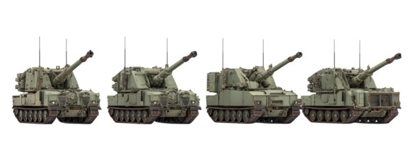 Detailed Transparent-Background Studio-Lit Four self propelled howitzers PNG cutout, digital artwork, ideal for advertising and marketing materials, premium resource, creative projects