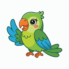 Cute cartoon parrot character with big eyes, open wings, smiling face, colorful feathers, tropical bird illustration for kids, education and design.