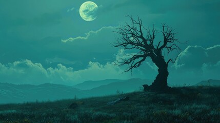 Silhouette of a barren tree under a pale moonlight.