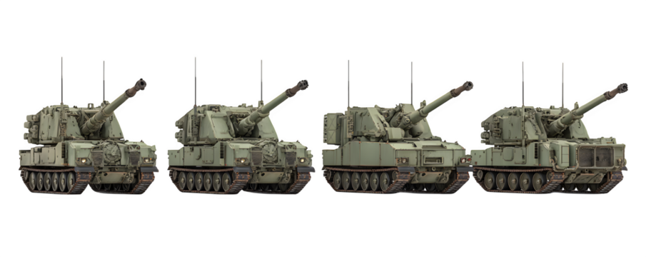 Detailed Transparent-Background Studio-Lit Four self propelled howitzers PNG cutout, digital artwork, ideal for advertising and marketing materials, premium resource, creative projects