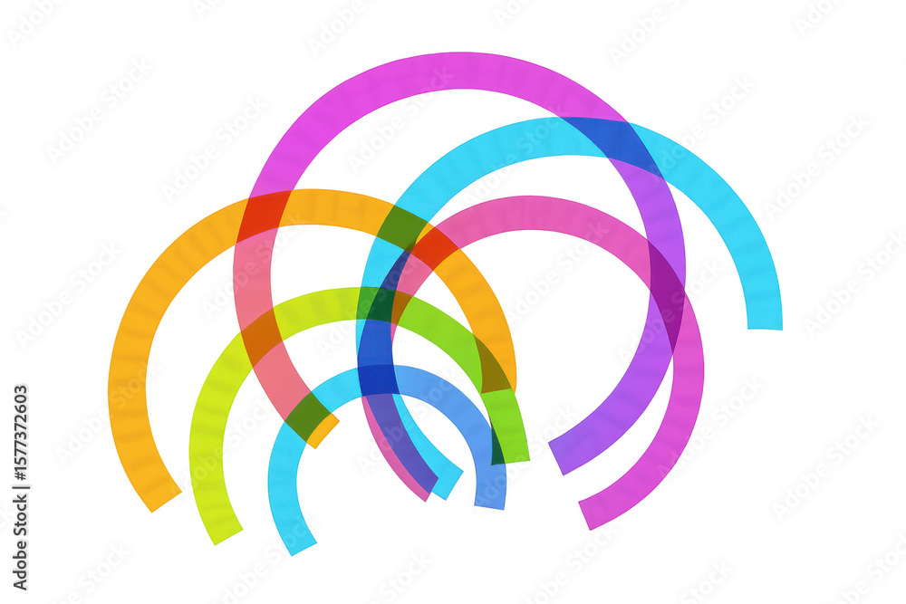 Poster vibrant intertwined arcs forming dynamic graphic pattern, blending contemporary design elements with