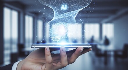 A hand holds a tablet displaying a swirling AI-powered brain, symbolizing technological advancement and artificial intelligence integration.