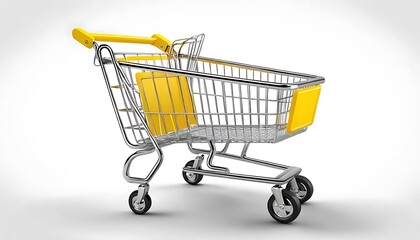 Realistic 3D rendered image of a metallic shopping cart with bright yellow plastic elements. Perfect for retail, supermarket, online store, or shopping-related designs and interfaces.