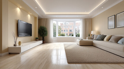 A spacious and elegantly designed modern living room featuring a comfortable sofa and bright natural light.