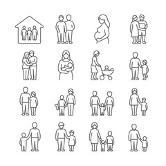 Collection of Line Art Family Icons Depicting Diverse Family Structures Including Couples Parents with Infants Toddlers Children and a Family Home Symbol