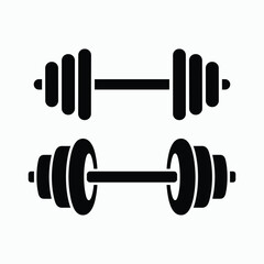 Black dumbbell and barbell icon set, flat fitness equipment silhouette illustration for gym, workout, exercise, training and sport concept.