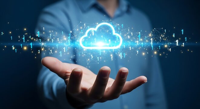 A person's hand cradles a glowing cloud representing cloud computing technology.