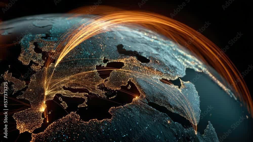 Poster futuristic digital globe with illuminated network connections and light trails representing global c