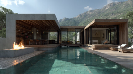 A stunning modern architectural home with a large outdoor swimming pool and fireplace nestled against a majestic mountain backdrop.