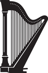 Elegant black and white vector illustration of a classical acoustic harp musical instrument