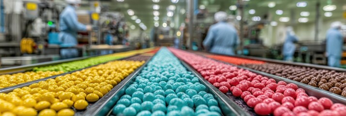 Vibrant candy production process in a factory showcasing colorful confections on conveyor belts