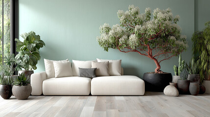 Serene contemporary interior with a light green wall, a cozy sofa, and diverse botanical elements creating a calming atmosphere.