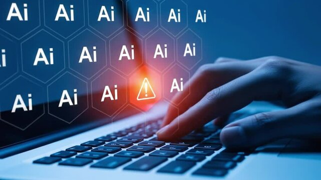 A hand types on a laptop keyboard surrounded by ai symbols, highlighting the potential risks of artificial intelligence
