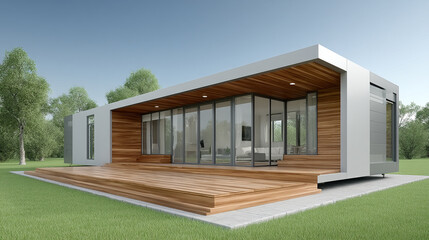 A stunning contemporary modular home featuring a spacious wooden deck and expansive glass doors blends seamlessly with its serene natural