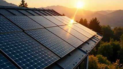 solar panels on modern house roof absorbing sunlight during golden hour on hillside surrounded by forest and mountain landscape, renewable energy, green building, sustainable - Powered by Adobe