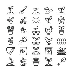 Collection of Thirty Black Line Gardening Icons on White Background Including Plants Seeds Flowers Chickens Tools and Garden Fence