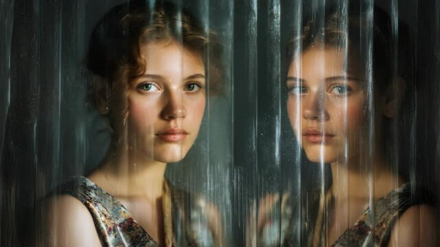 Mysterious Gaze of a Young Female Reflected in a Corrugated Plastic Sheet