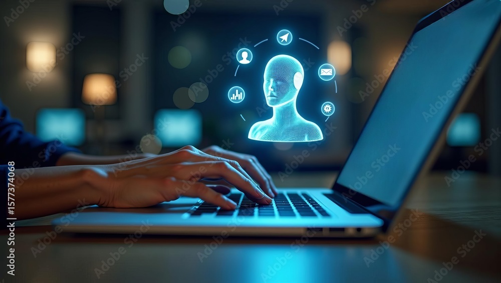 Poster digital identity and cybersecurity concept with holographic profile icon and data network symbols ab