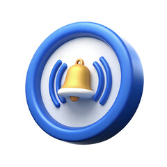 3D Rendered Notification Bell Icon Blue Circle Golden Bell Alert Symbol App UI Element