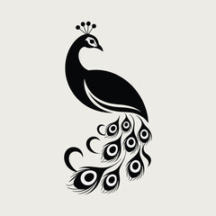 Elegant black peacock silhouette with decorative feathers, vector illustration for logo, tattoo, invitation, greeting card, wall art, and design projects..