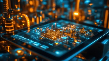 A virtual ISO standards icon on a tablet, representing quality control, product assurance, and certification.