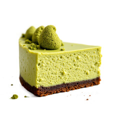 Close Up of Creamy Green Matcha Cheesecake Slice on White Background